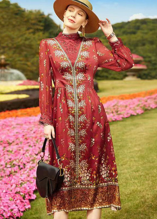 Red Stand Collar Hollow Out Print Patchwork Silk Dresses Fall