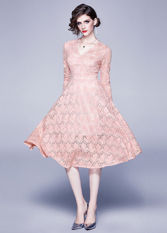Pink V Neck Exra Large Hem Lace Dresses Bracelet Sleeve