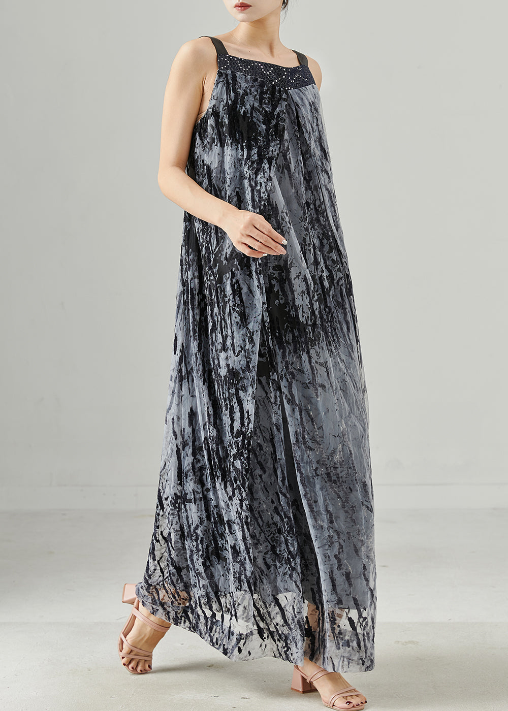 Diy Grey Print Chiffon Spaghetti Strap Dress Summer
