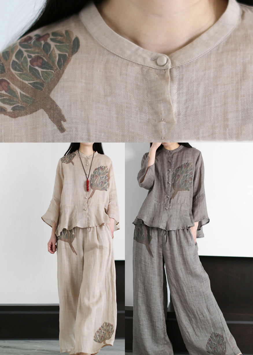 Grey Stand Collar Print Cotton Blend Tops and Wide Leg Pants Two Piece Outfit Flare Sleeve