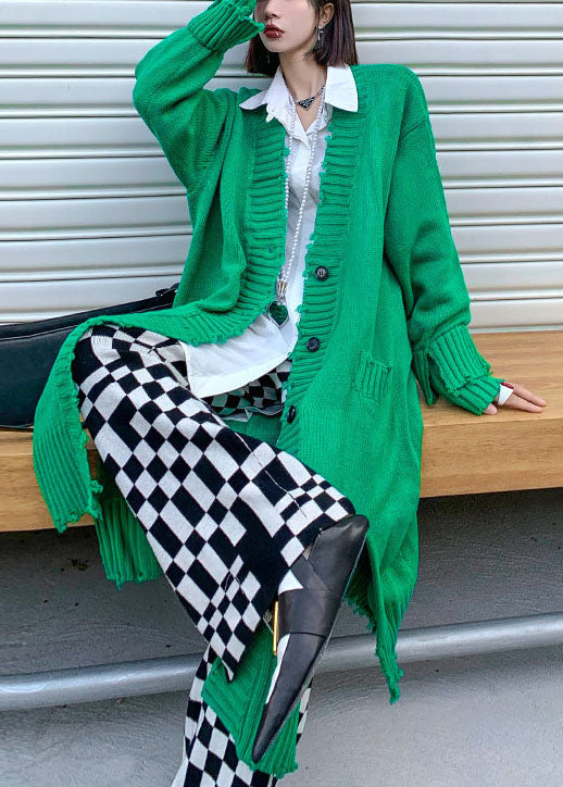 Green Hole Side Open Button Fall Knit Long Sleeve Cardigan