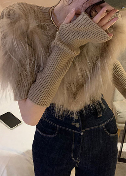 Art Khaki Leather and Fur Patchwork Knit Sweaters Winter