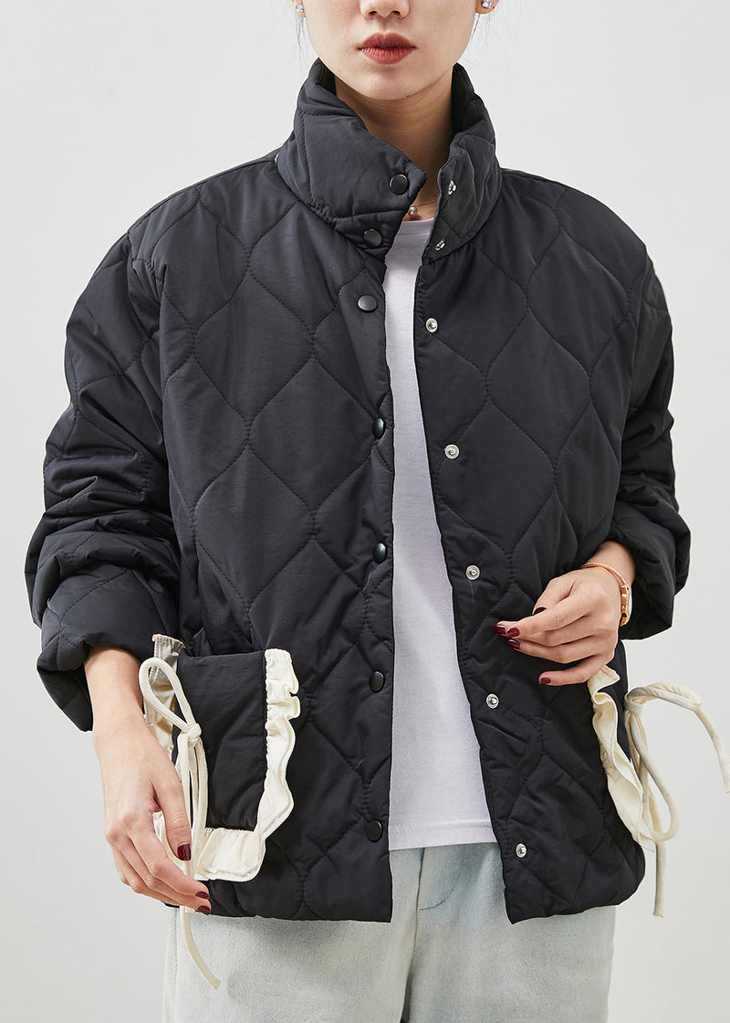 Black Ruffled Patchwork Pockets Fine Cotton Filled Jacket Spring