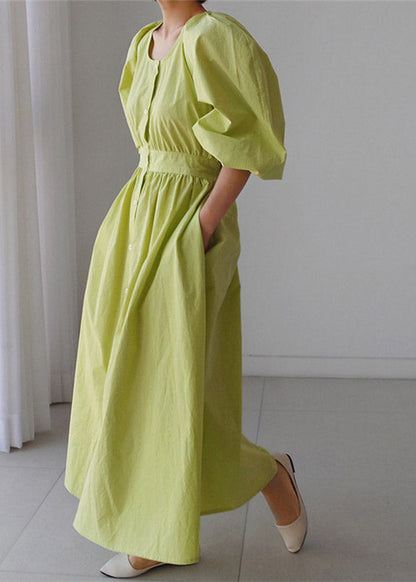 Green O-neck Button Pockets Wrinkled Cotton Long Dress Puff Sleeve