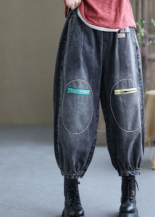 Natural Black Elastic Waist Pockets Fall Denim Pants