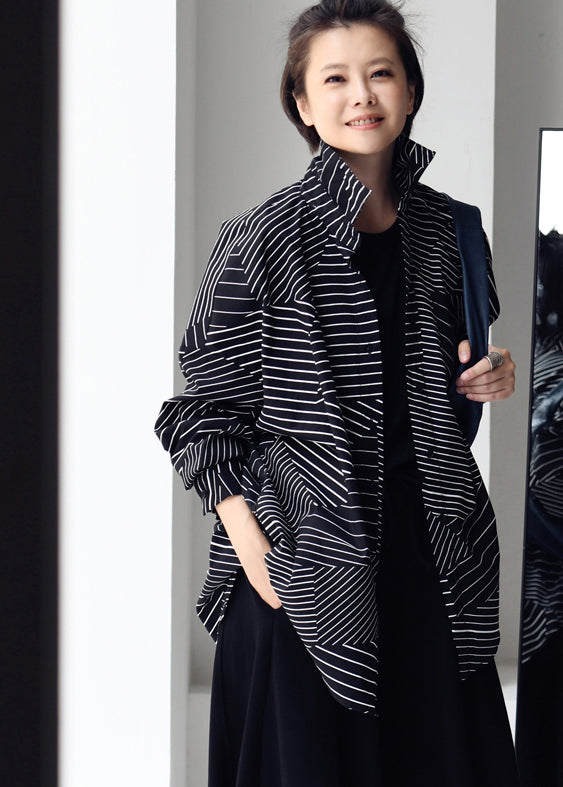 Black Peter Pan Collar Asymmetrical Striped Button Low High Design Cotton Shirt Long Sleeve