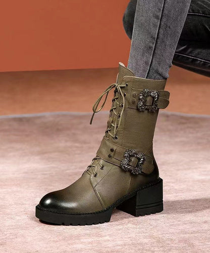 Green Cross Strap Splicing Chunky Boots