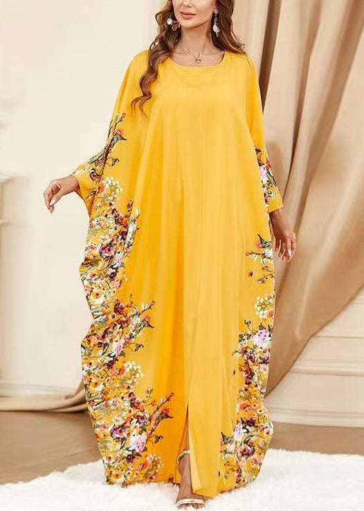 Yellow O Neck Print Front Open Cotton Dress Spring