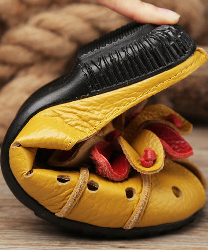 Cowhide Leather Yellow Flat Slide Sandals Splicing Hollow Out