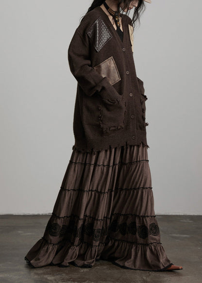 Chocolate Oversized Patchwork Applique Knit Cardigan Winter