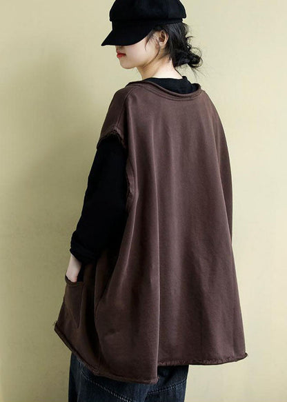 Modern Chocolate V Neck Oversized Color Cotton Vests Fall
