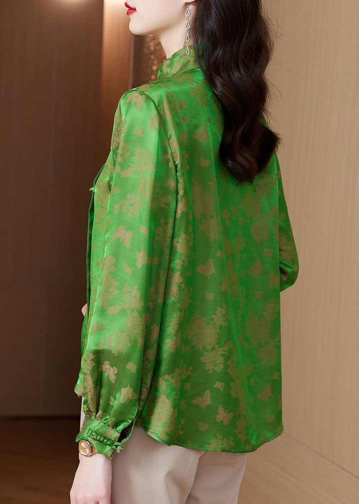 Green Tasseled Chinese Button Jacquard Patchwork Silk Shirt Spring