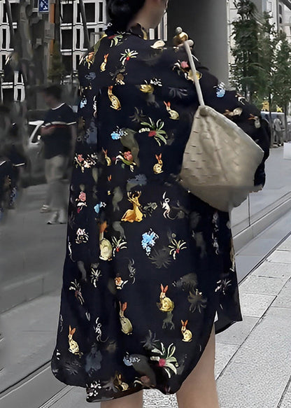 Black Peter Pan Collar Print Button Chiffon Shirt Long Sleeve