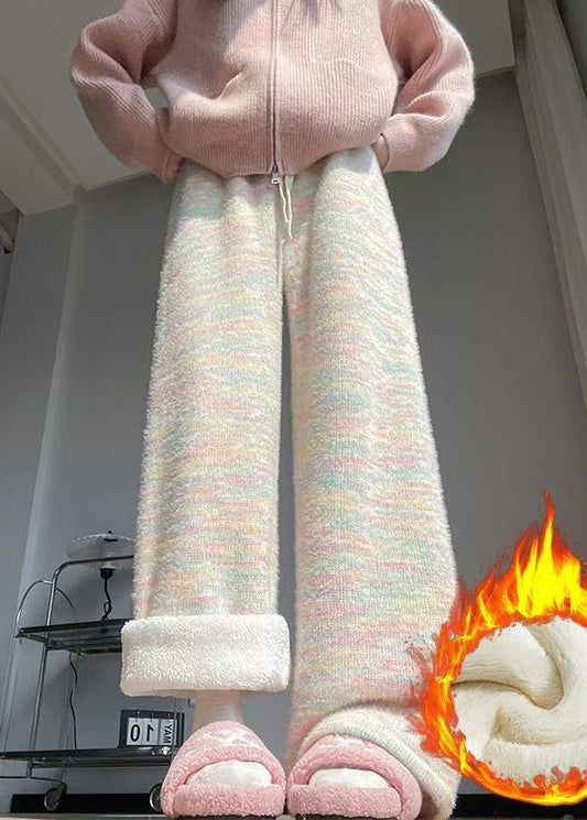 Rainbow Print Elastic Waist Warm Fleece Straight Pants Winter