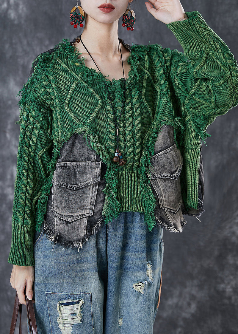 Green Patchwork Denim Knit Sweater Tops Oversized Pockets Winter