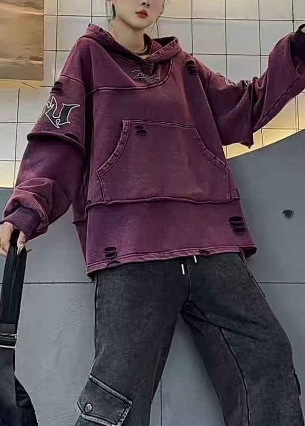 Purple Hooded Hole Pockets Cotton Sweatshirts Fall