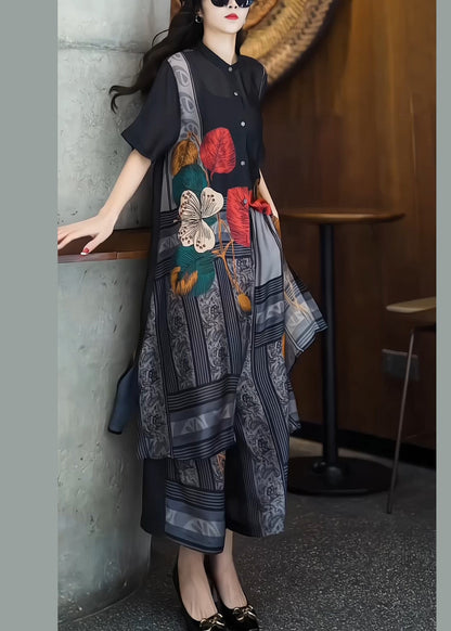Grey Button Print Silk Two Pieces Set O-neck Short Sleeve