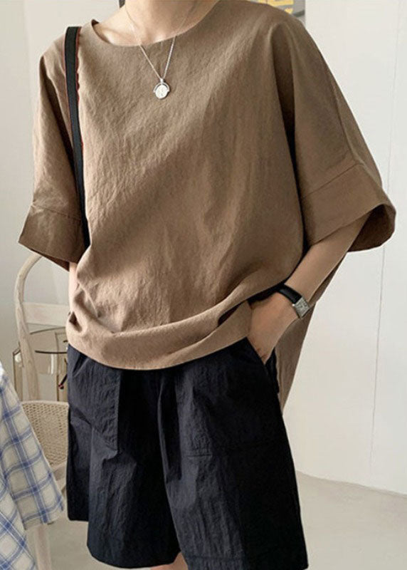 Brown O-neck Oversized Side Open Cotton Tank Half Sleeve