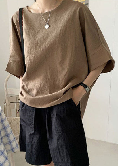 Brown O-neck Oversized Side Open Cotton Tank Half Sleeve