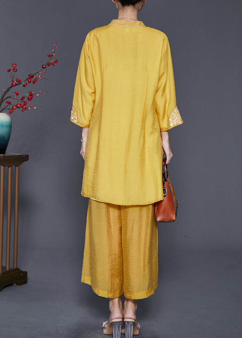 Yellow Linen Silk Two Piece Set Clothing Embroidered Spring