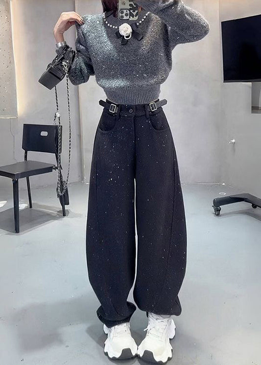 Grey Sequins Warm Fleece Woolen Pants Spring
