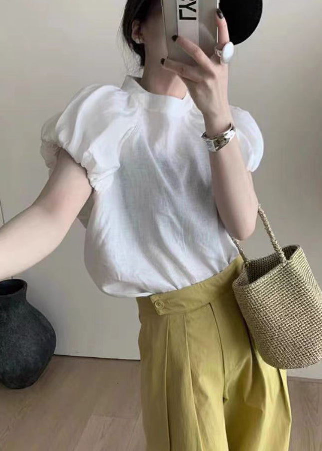 French White Puff Sleeve Cotton T Shirt Top