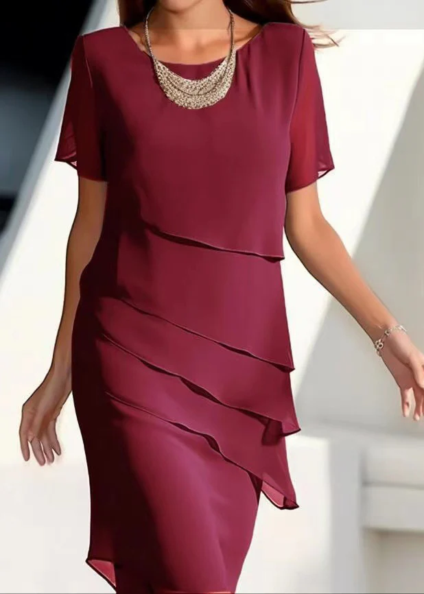 French Khaki O-neck Layered Chiffon Maxi Dresses Short Sleeve Summer