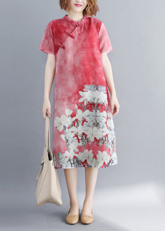 Red Stand Collar Side Open Cheongsam Dress Short Sleeve