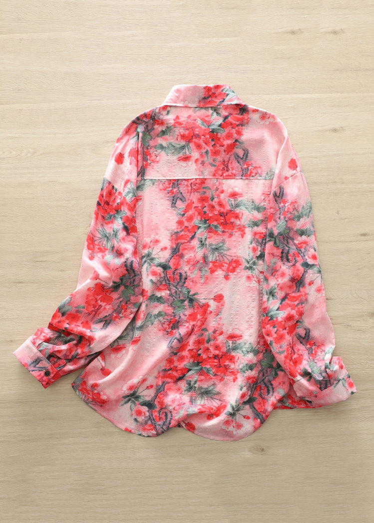 Red Peter Pan Collar Print Button Shirts Long Sleeve