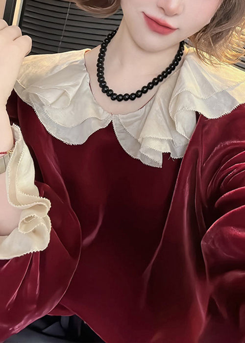 Red Ruffled Silk Velour Top Flare Sleeve