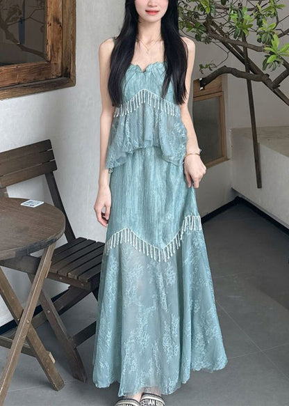 Original Design Blue Ruffled Tasseled Chiffon Three Pieces Set Summer