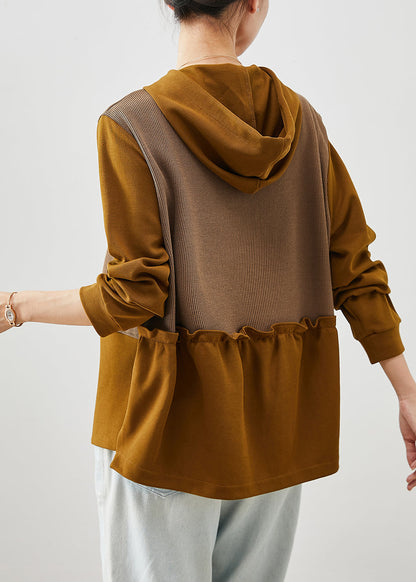 Brown Asymmetrical Patchwork Cotton Sweatshirts Top Fall