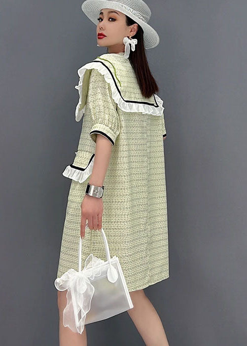 Green Sailor Collar Patchwork Ruffled Cotton Maxi Dress Short Sleeve