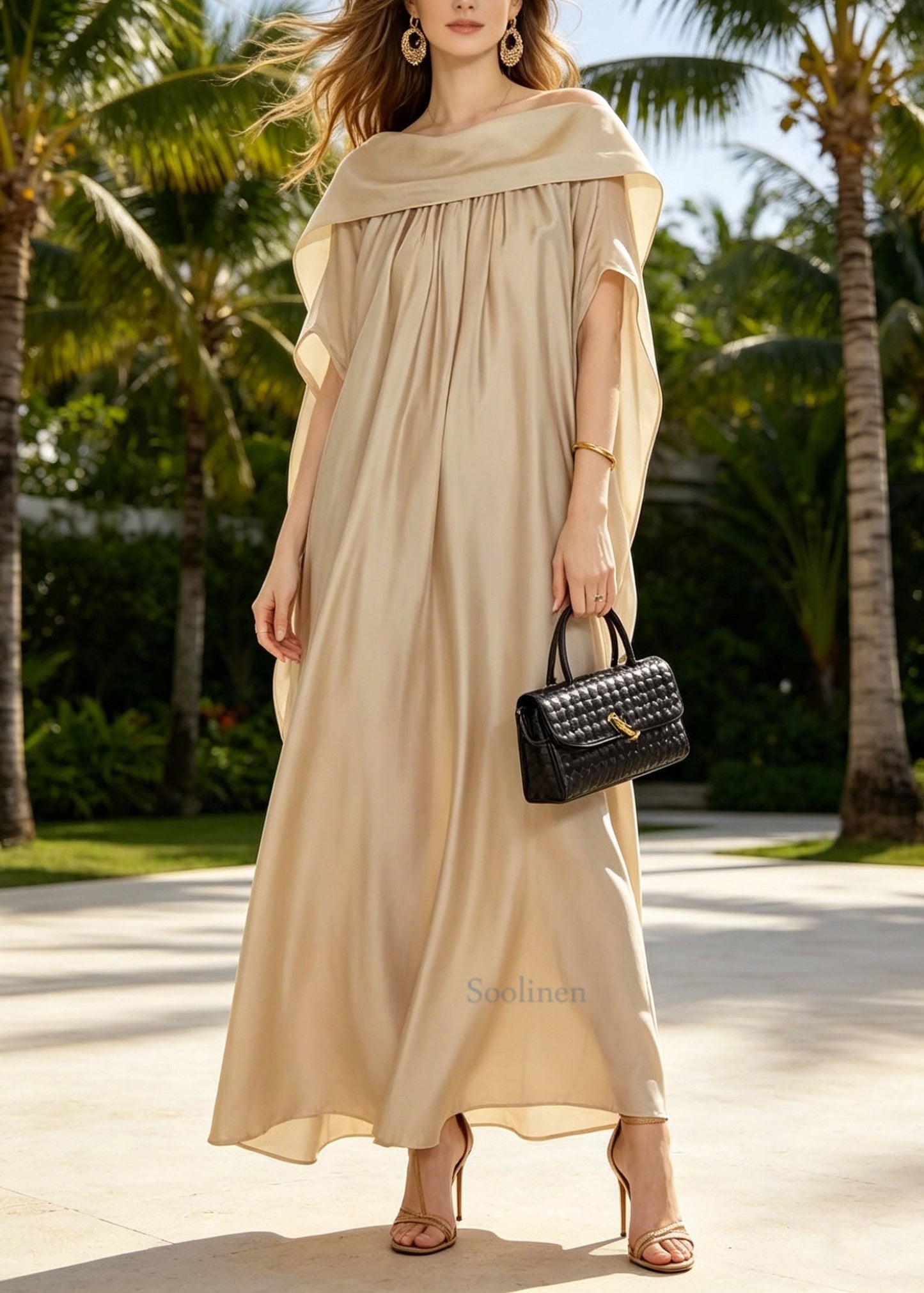Khaki Wear on Both Sides Silk Maxi Dresses Summer