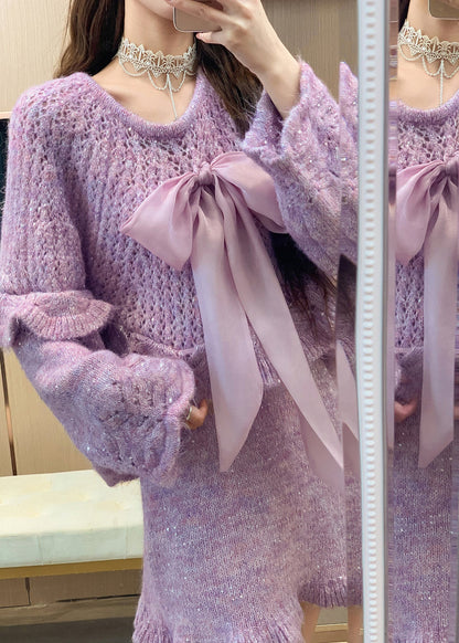 Purple Ruffled Bow Knit Two Pieces Set Spring