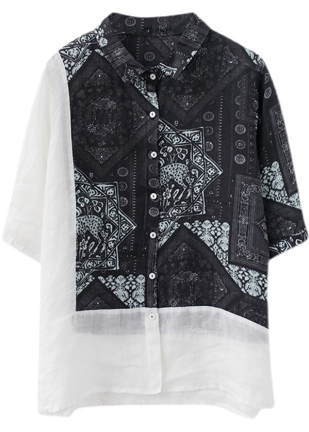 Black Peter Pan Collar Button Patchwork Print Fall Shirt Half Sleeve
