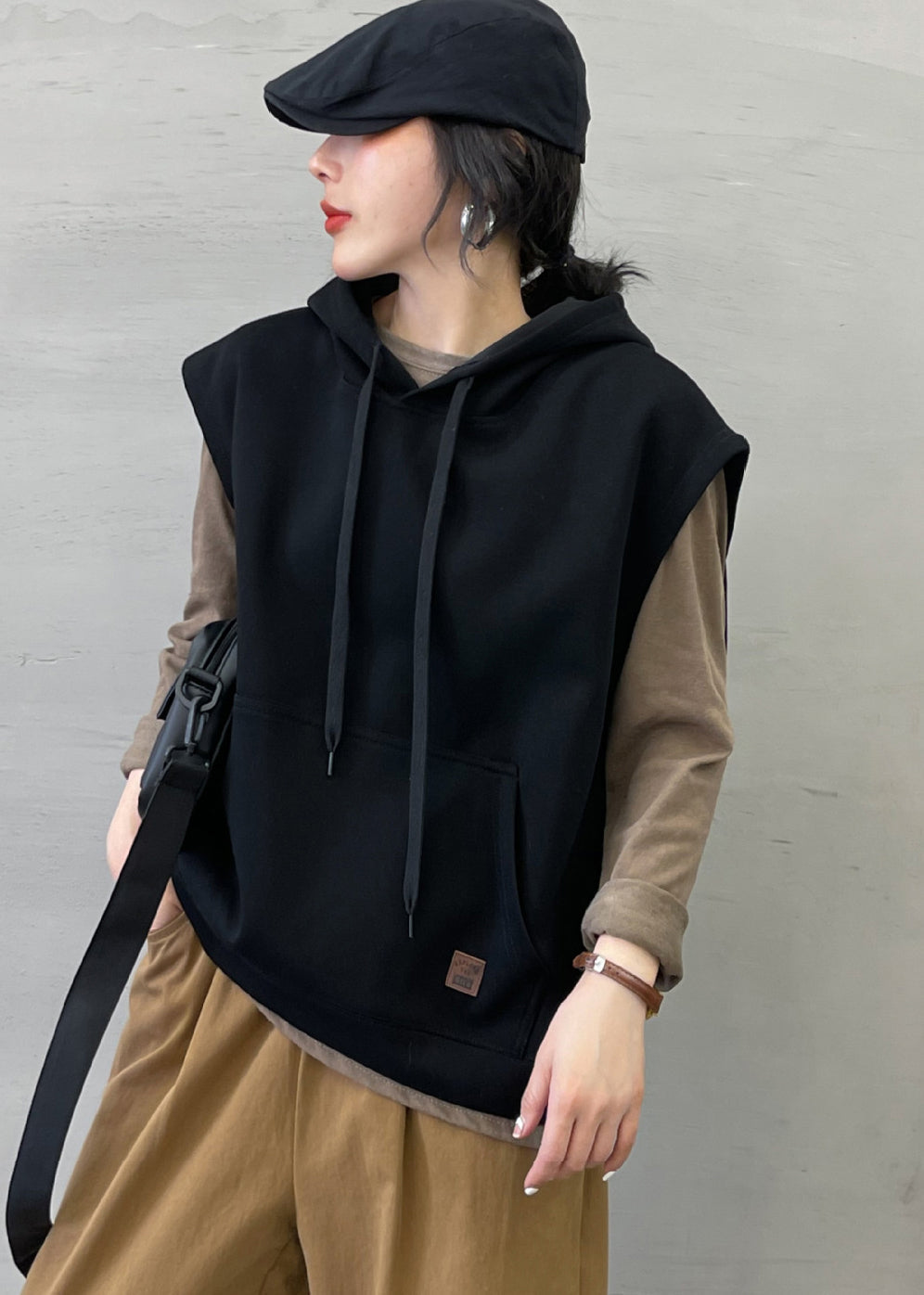 Black Pocket Loose Cotton Pullover Sweatshirt Tops Sleeveless