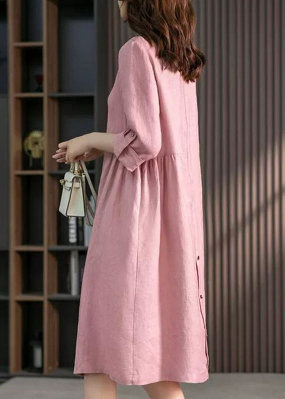 Pink Peter Pan Collar Button Wrinkled Cotton Maxi Dresses Long Sleeve Fall