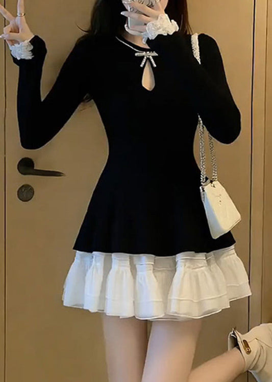 French Black O-neck Patchwork Vacation Mid Dress Fall