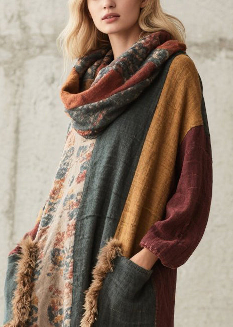 Art Colorblock Oversized Patchwork Faux Fur With Pockets Vacation Dress Fall