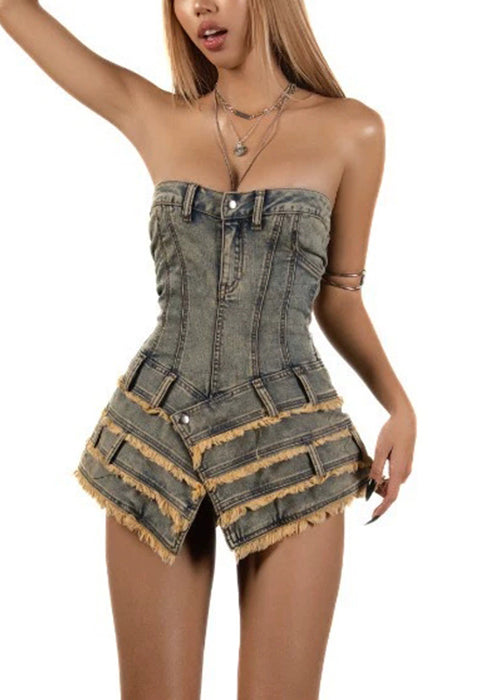 French Asymmetrical Strapless Denim Mini Dresses Sleeveless
