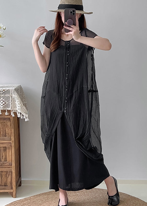 Black Asymmetrical Wrinkled Silk Dress Two Piece Set Summer