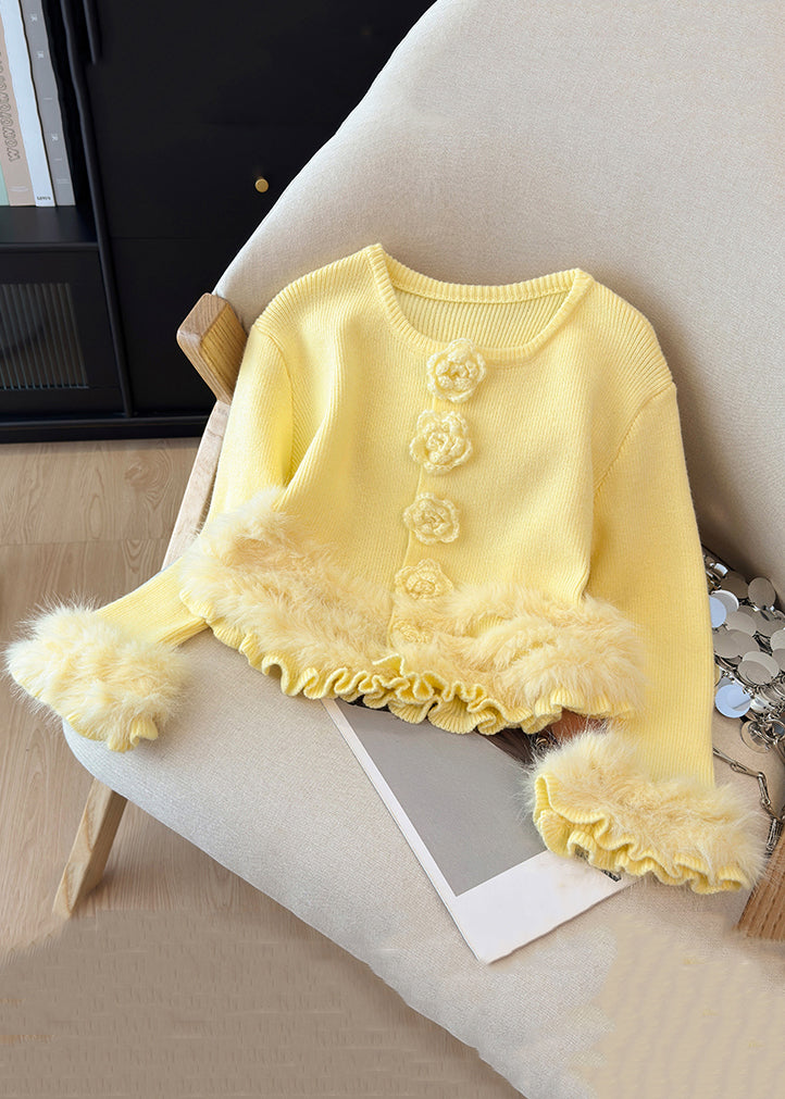 Yellow O Neck Fluffy Patchwork Knit Sweater Winter