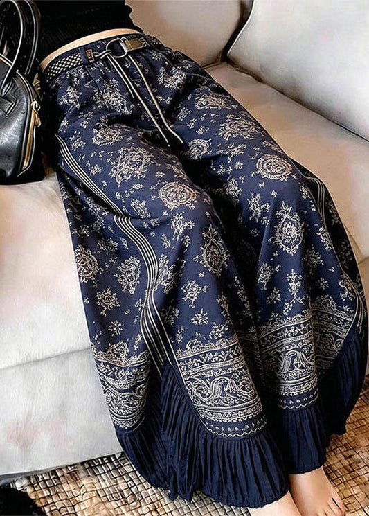 Navy Blue Asymmetrical Print Wrinkled Straight Pants