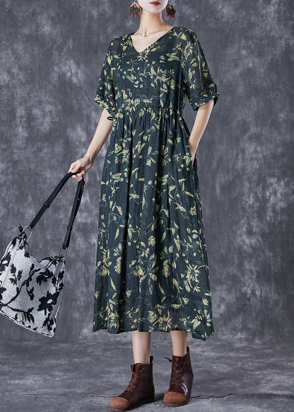 Blackish Green Cinched Print Linen Maxi Dress Summer