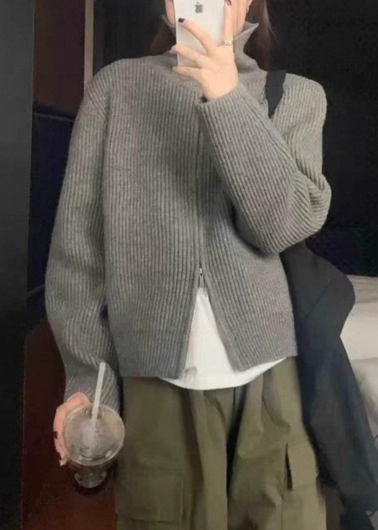 Grey Zippered Cotton Coat Turtleneck Spring