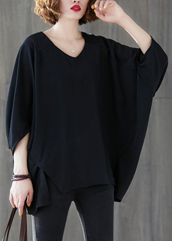 Black Oversized Asymmetrical Side Open Cotton Tops Batwing Sleeve
