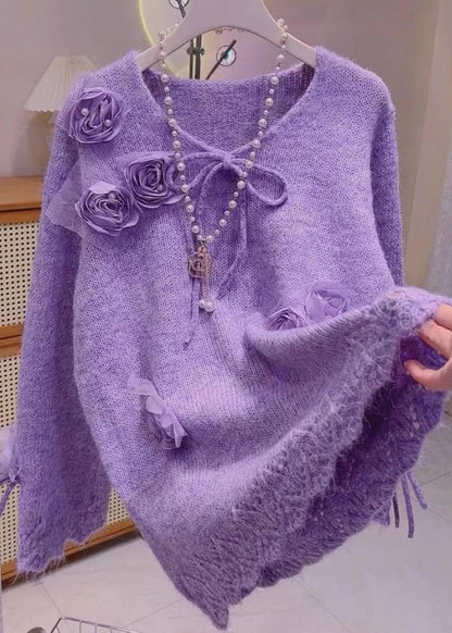 Purple Bow Knit Knit Sweaters Spring