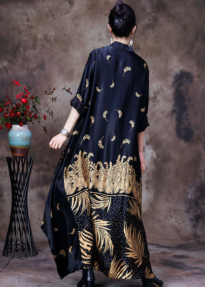 Black Mandarin Collar Print Silk Long Dress Gown Long Sleeve