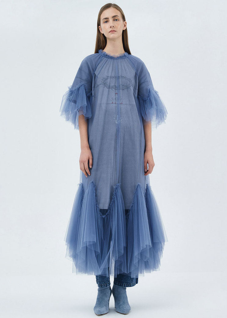 Blue O-neck Patchwork Tulle Maxi Dresses Half Sleeve Summer